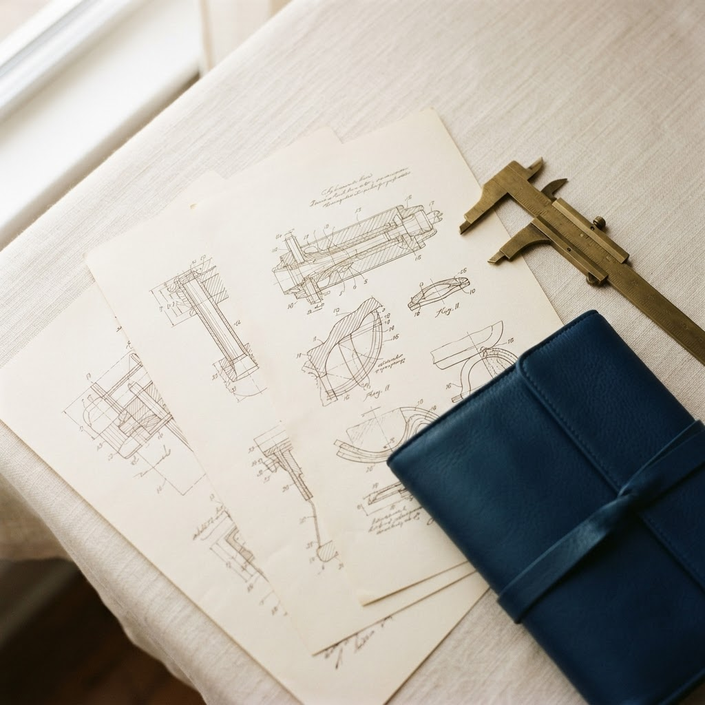 Patent schematics, brass caliper and a navy portfolio arranged on a linen desk
