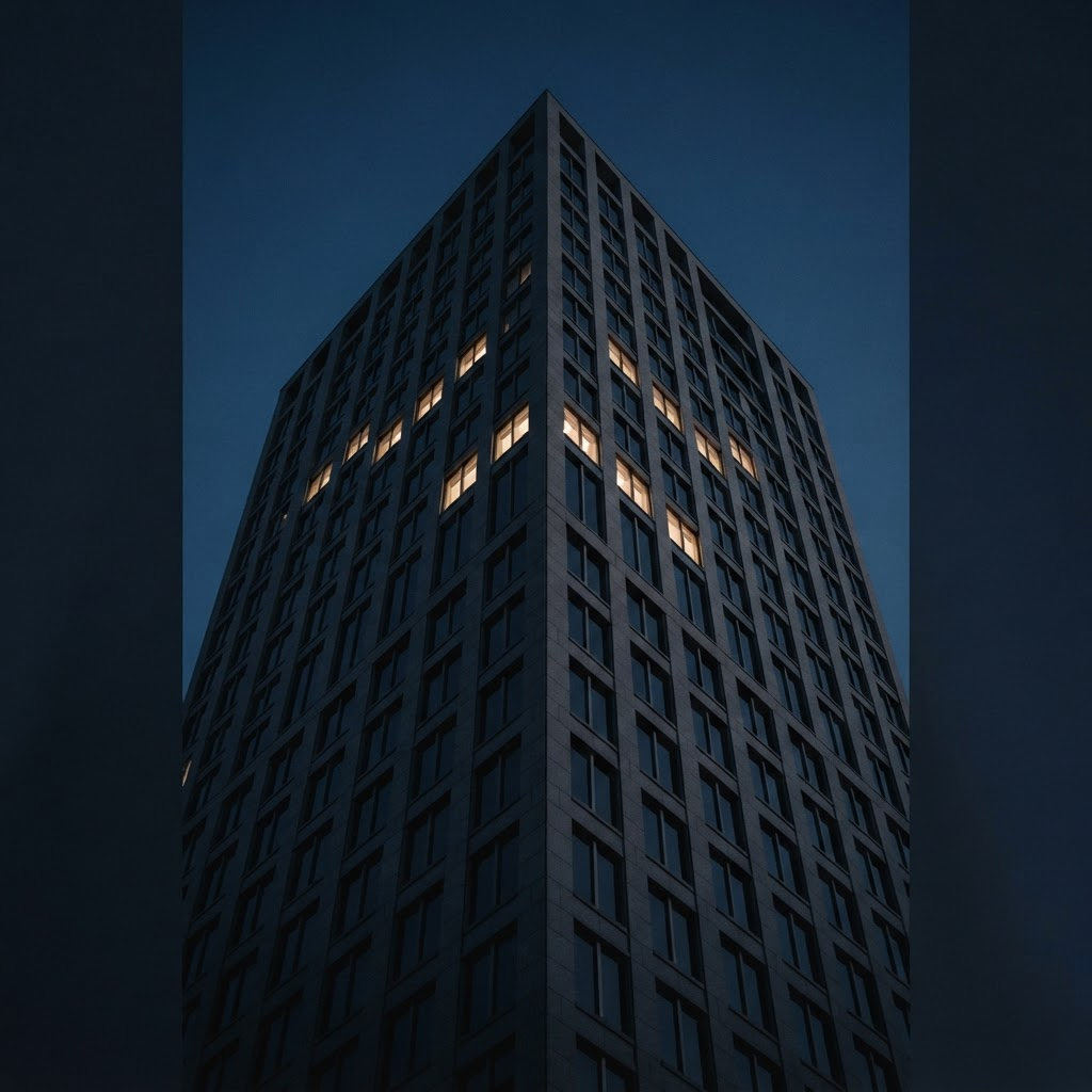 Modern stone and glass corporate tower at dusk